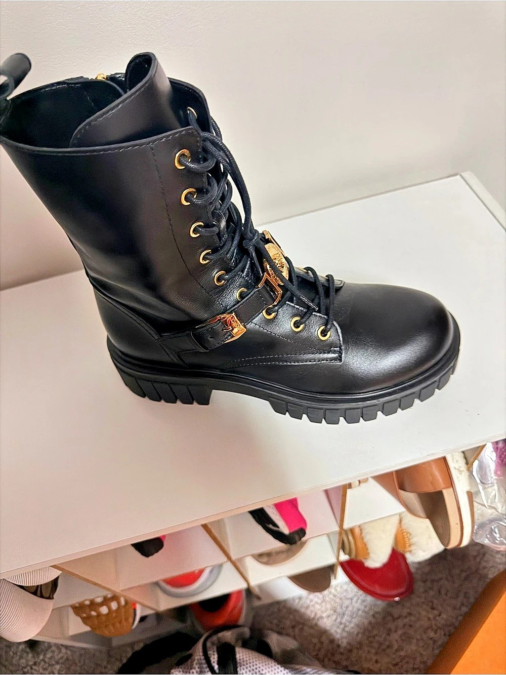 AuthenticVersace Medusa Insignia Leather Combat Boots Black
